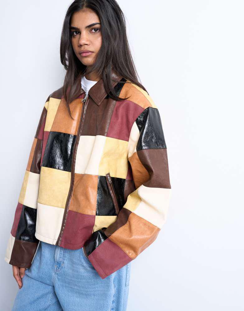 Freckle seoul ボアスタジャン 茶色 Topshop Topshop faux leather patchwork zip jacket in multi