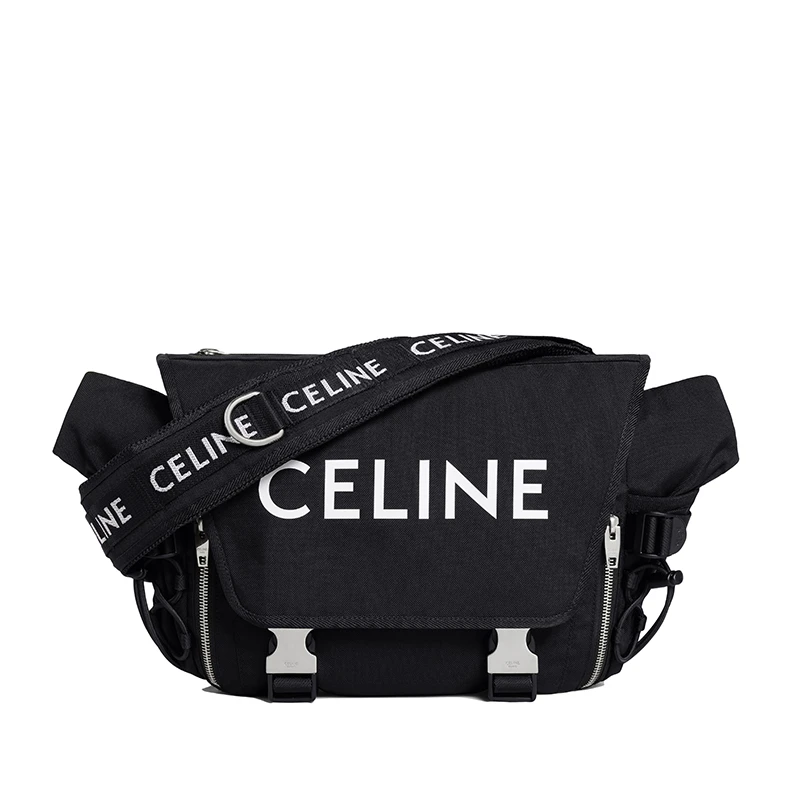 CELINE/赛琳 22春夏新款 男士中号白色CELINE印花黑色锦纶翻盖徒步斜挎单肩邮差包 商品