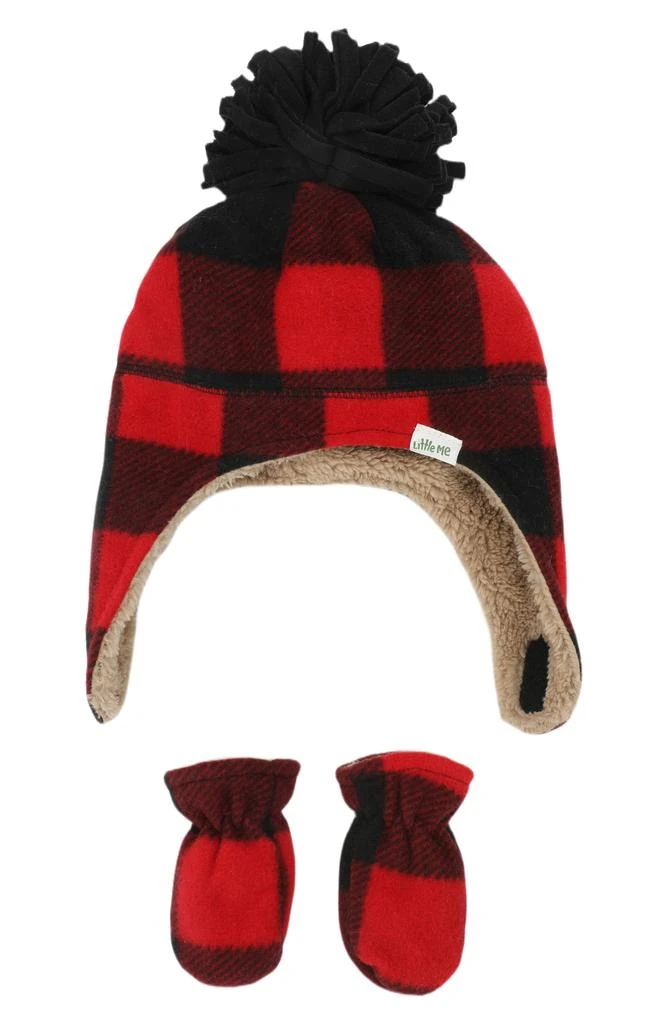 商品Little Me|Buffalo Check Pompom Fleece Pilot Beanie & Mittens Set,价格¥50,第1张图片