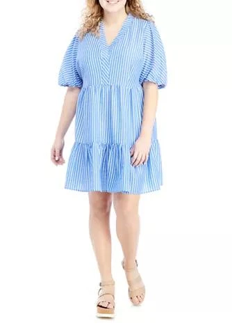商品Sandra Darren|Darren Plus Size  Vertical Stripe V Neck Flounce Hem Dress,价格¥179,第1张图片