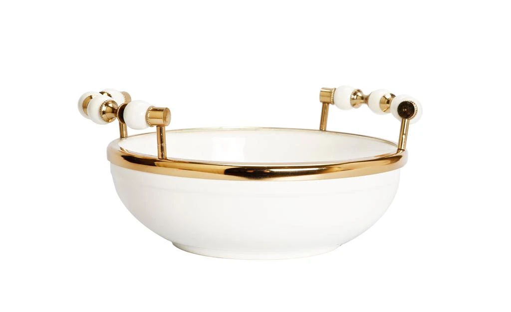 Classic Touch Decor White Round Bowl with Two Gold and White Beaded Design Handles 10"D 5
