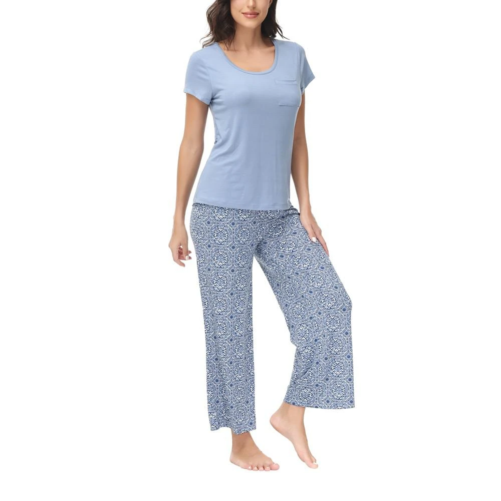 商品INK+IVY|Women's Solid Short Sleeve Top with The Cropped Wide Leg Pants 2 Piece Pajama Set,价格¥402,第3张图片详细描述