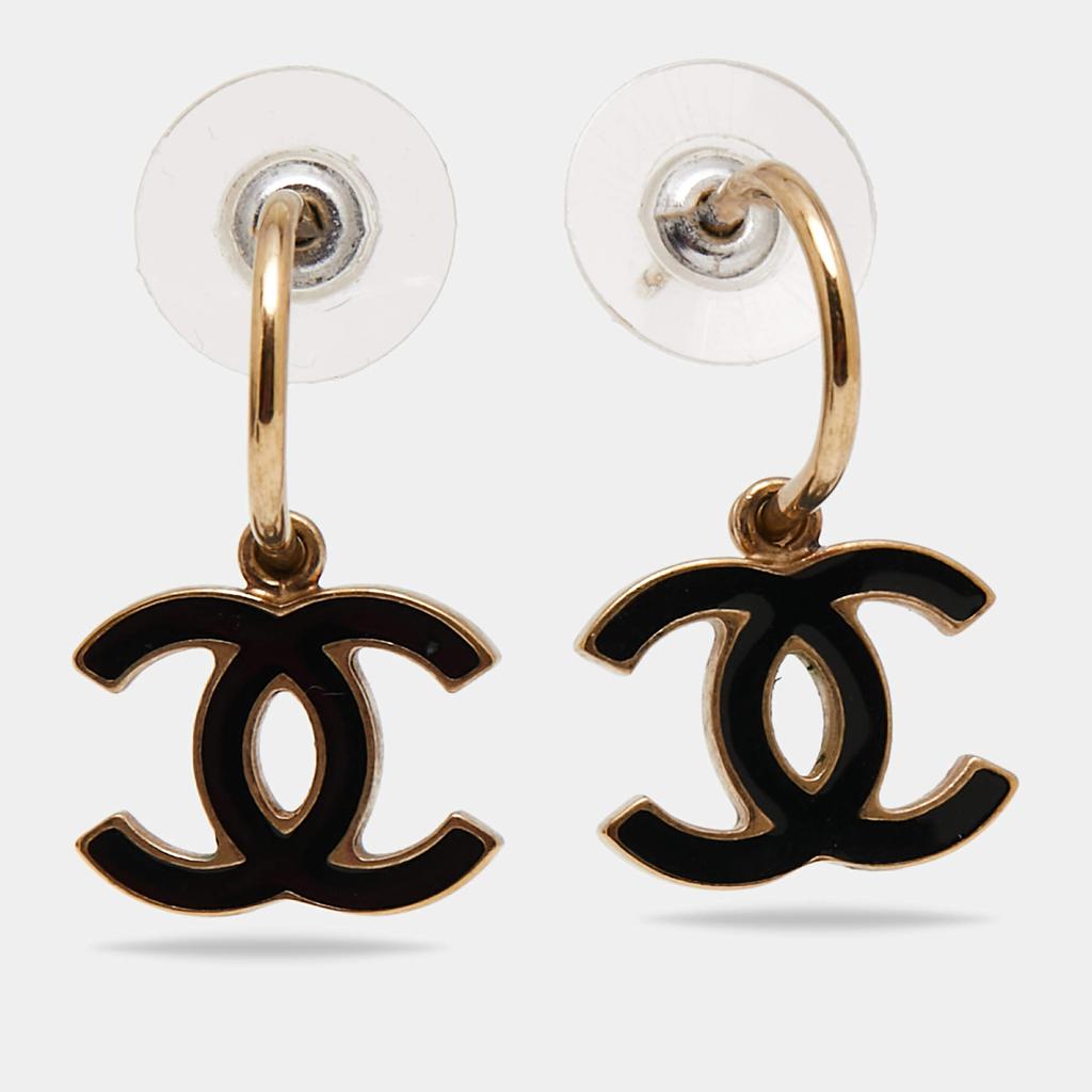 Chanel Gold Tone Black Enamel CC Drop Earrings商品第1张图片规格展示