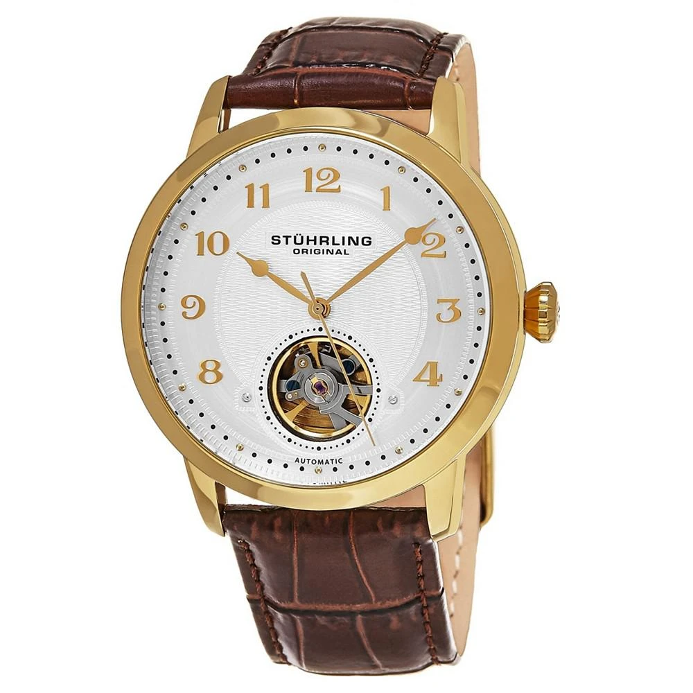 商品Stuhrling|Original Men's Automatic Gold Tone Case, Open Heart Brown Leather Strap Watch,价格¥1468,第1张图片