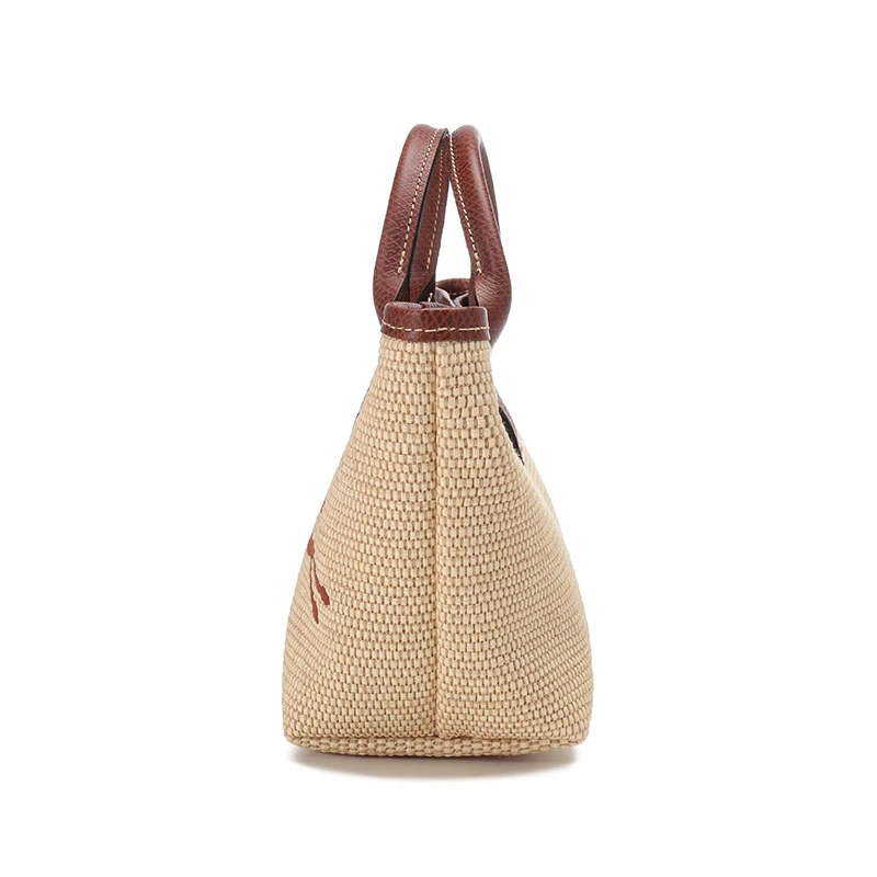 商品[国内直发] Longchamp|珑骧 Le Pliage Paris 15 草编亚麻布拼牛皮 LOGO刺绣拼色饺子包单肩包手提包 迷你 女款 卡其色拼棕色,价格¥3055,第5张图片详细描述