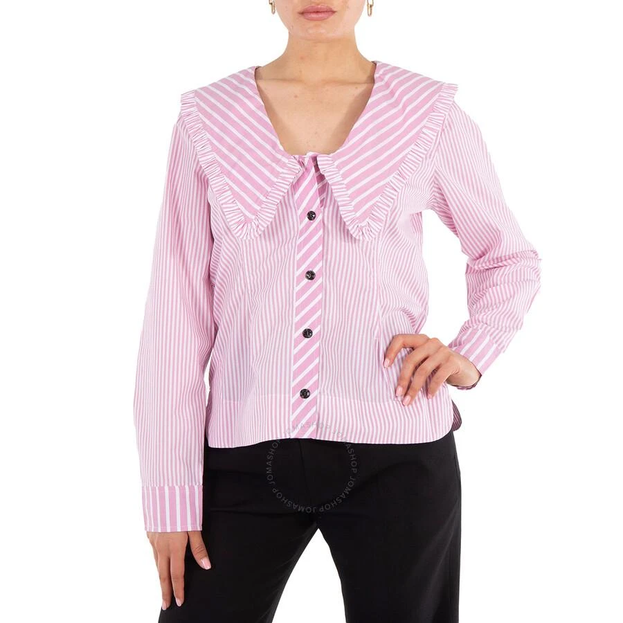 商品Ganni|Ladies Ruffled Striped Organic Cotton-Poplin V-Neck Blouse,价格¥322,第1张图片