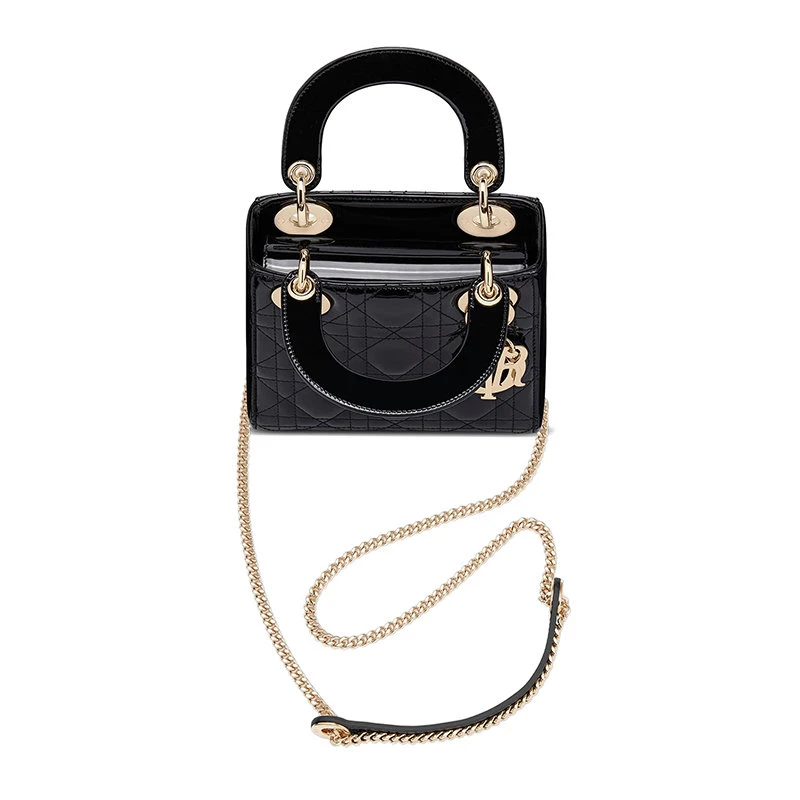 商品Dior|【预售3-7天】迪奥 20 Lad Dior系列 女士黑色漆皮小牛皮戴带链戴妃手提包 M0505OWCB_M900,价格¥38674,第5张图片详细描述
