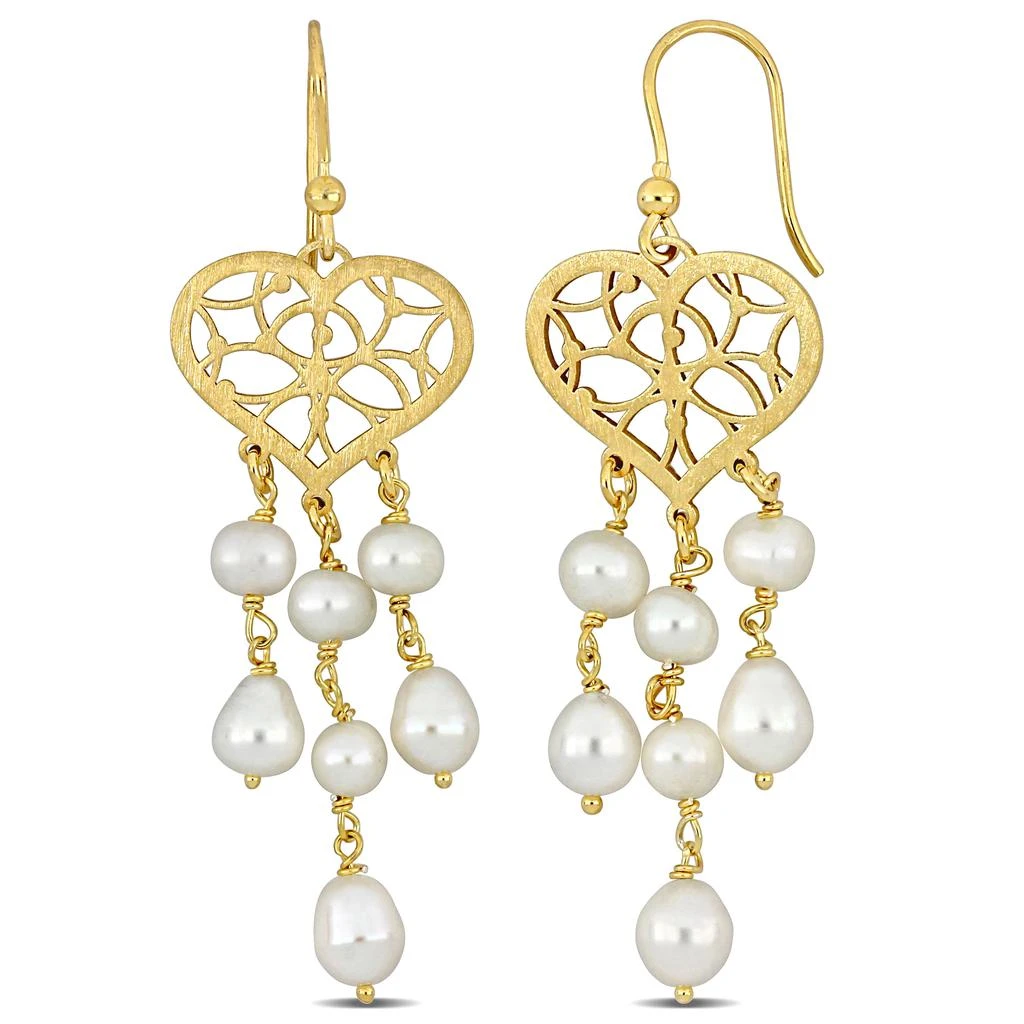 商品Mimi & Max|6-6.5mm Cultured Freshwater Pearl Chandelier Style Heart Drop Earrings in Yellow Plated Sterling Silver,价格¥859,第1张图片