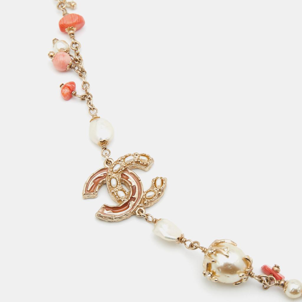 Chanel Gold Tone Faux Pearl Chain Necklace商品第3张图片规格展示