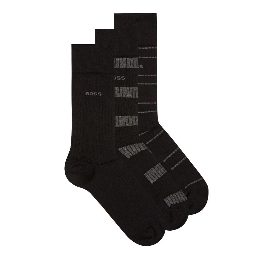 商品Hugo Boss|BOSS 3 Pack Ribbed Socks - Black,价格¥226,第1张图片