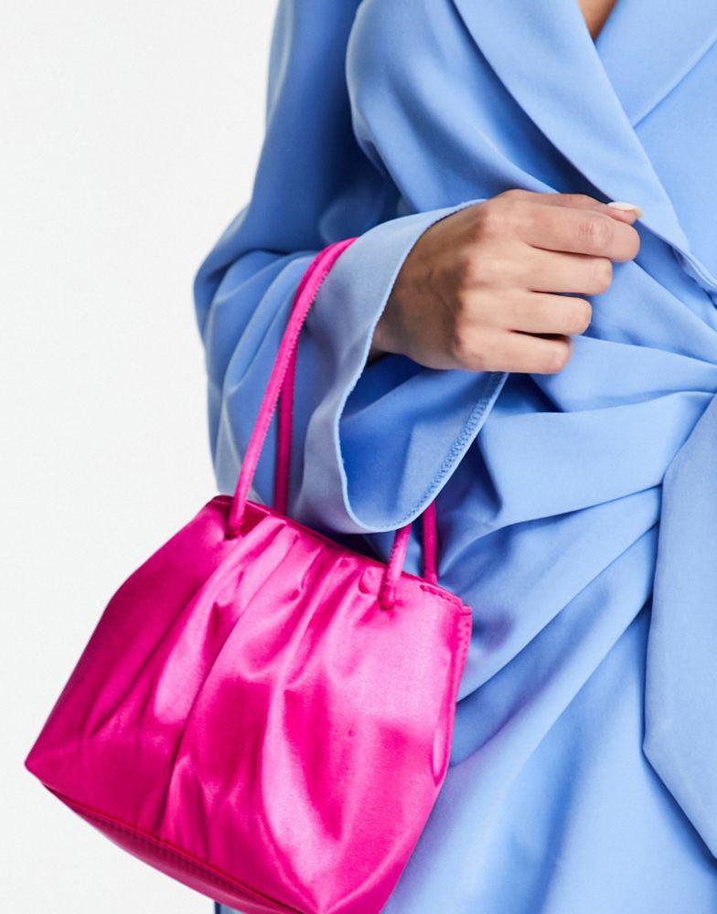 ASOS DESIGN ruched satin clutch bag with detachable crossbody strap in bright pink商品第4张图片规格展示