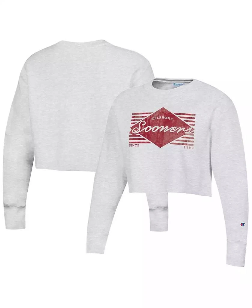 商品CHAMPION|Women's Heather Gray Distressed Oklahoma Sooners Reverse Weave Cropped Pullover Sweatshirt,价格¥389,第1张图片