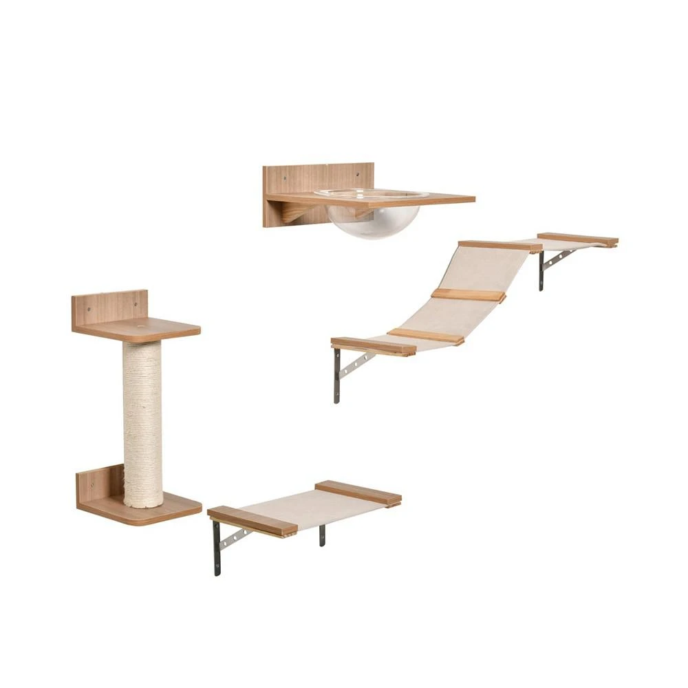 商品PawHut|Cat Tree 4pc Mounted Shelf Set Bowl Climbing Hammock Shelves Beige,价格¥727,第1张图片