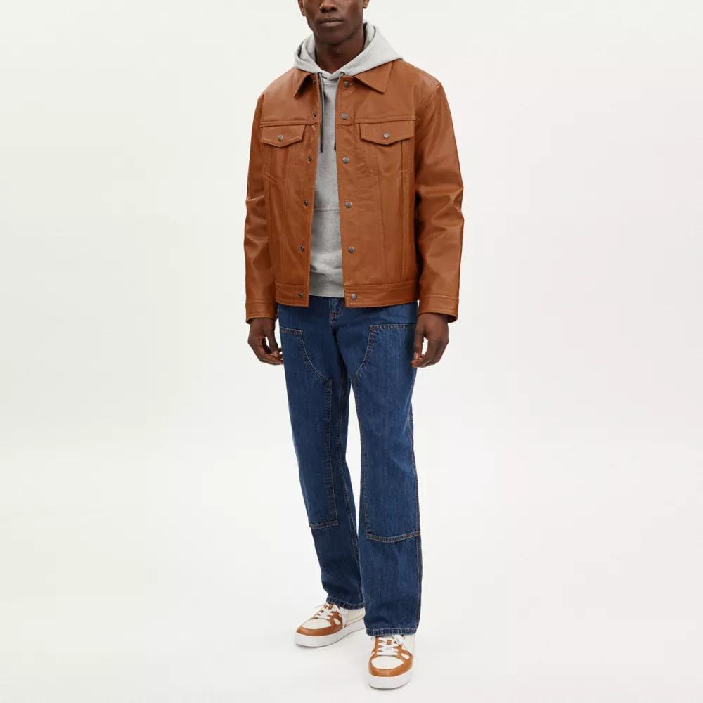 ジャケット・アウター COACH LEATHER Trucker Jacket L CM795 Shop Leather Trucker Jacket on Sale at BeyondStyle – Get 80% Off