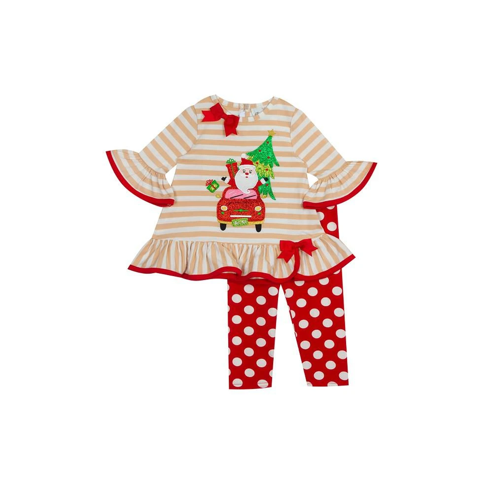 商品Rare Editions|Baby Girls Oatmeal Stripe Knit with Santa Car Applique to Printed Dot Legging,价格¥75,第1张图片