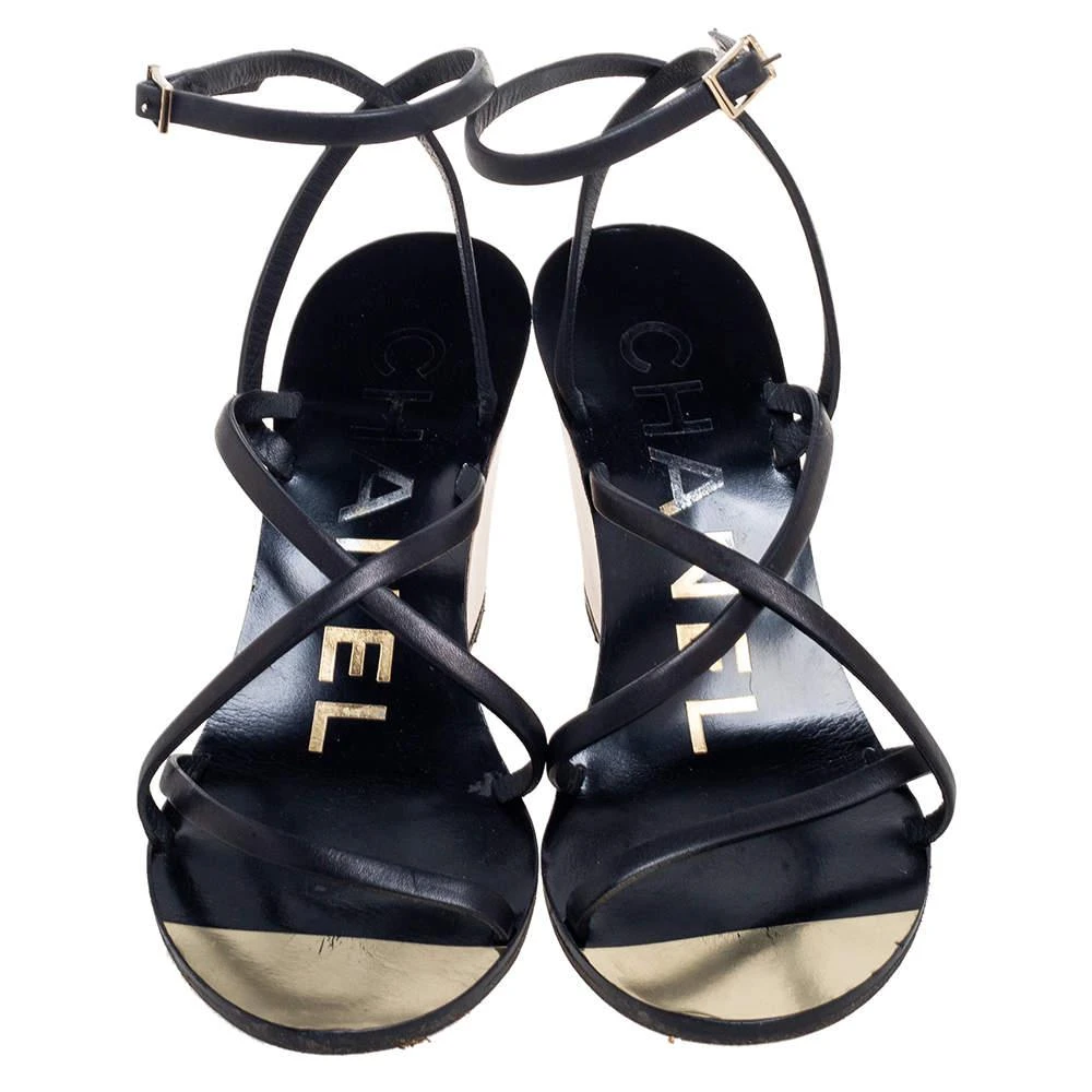 商品[二手商品] Chanel|Chanel Black Leather Strappy Ankle Wedge Sandals Size 36,价格¥1505,第3张图片详细描述