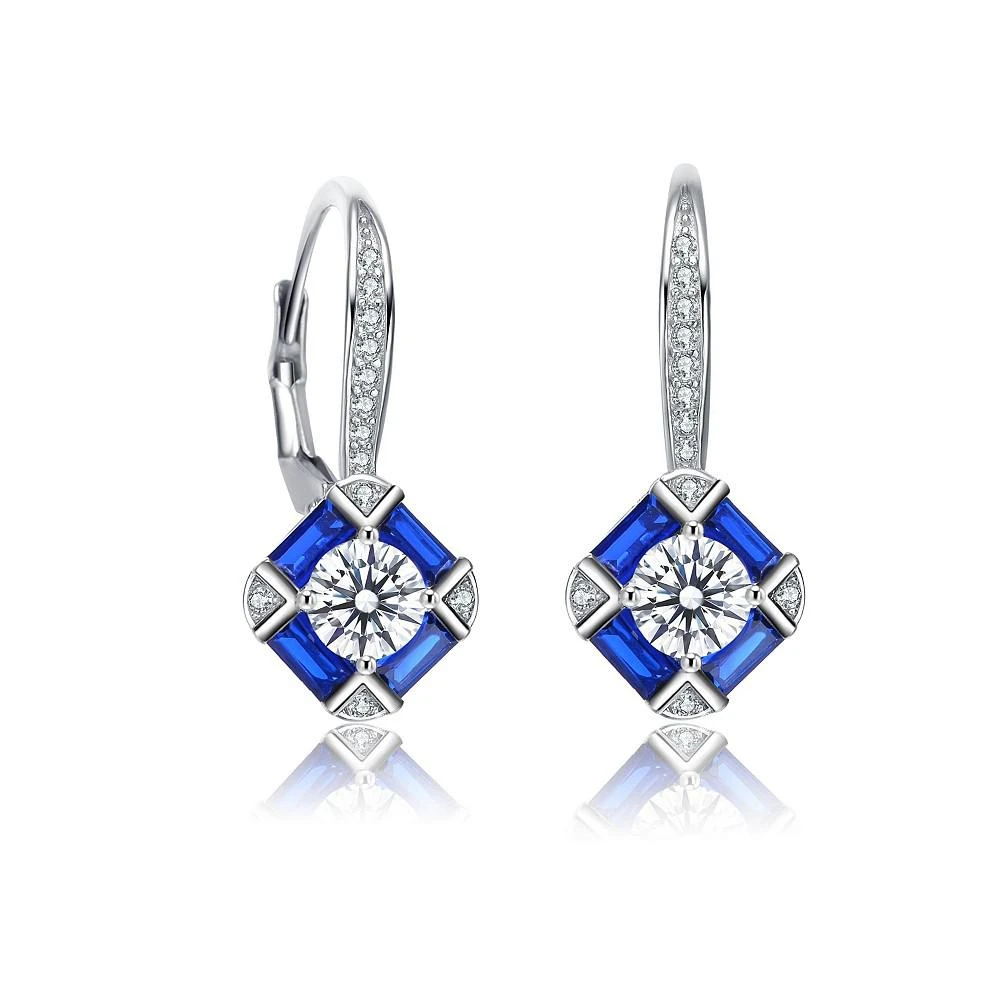商品Genevive|Sterling Silver White Gold Plated and Sapphire Cubic Zirconia Leverback Earrings,价格¥563,第1张图片