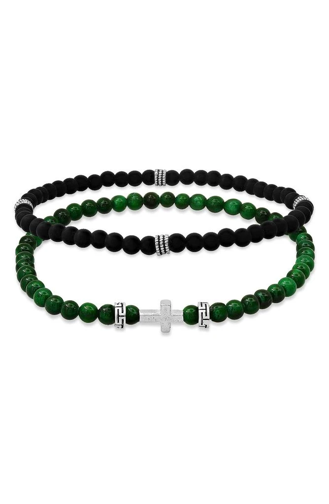 商品HMY JEWELRY|Men's Set of 2 Sterling Silver Jade & Lava Stone Beaded Stretch Bracelets,价格¥487,第1张图片详细描述