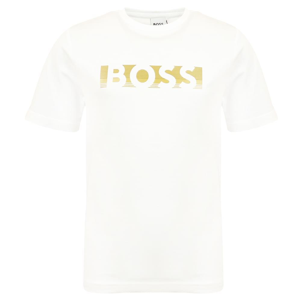 White Short Sleeve Gold Logo T Shirt商品第1张图片规格展示