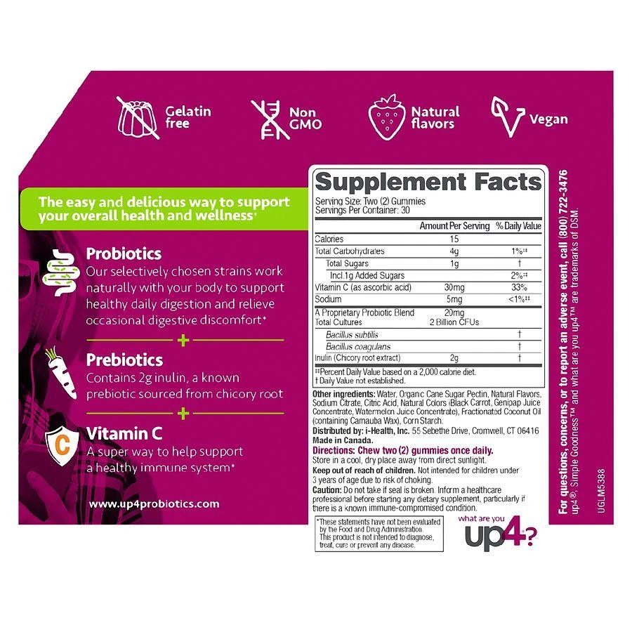 商品UP4|Probiotic + Prebiotic, Vitamin C, Berry Flavor, Gummies,价格¥123,第2张图片详细描述