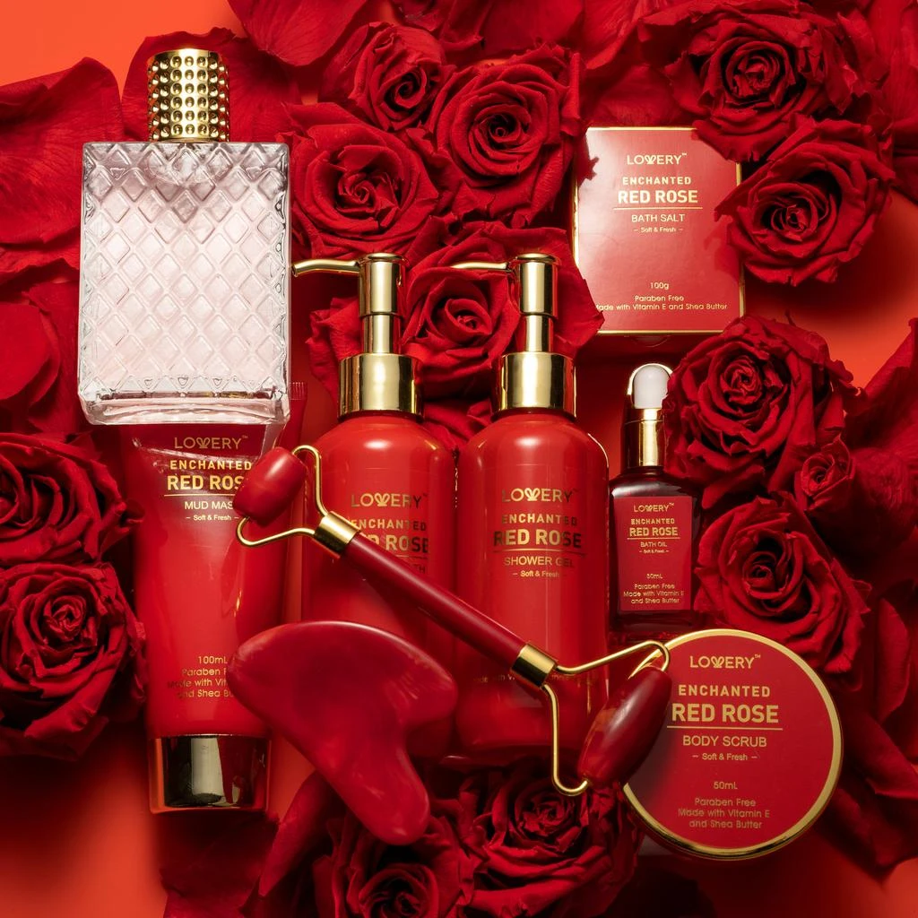 商品Lovery|Luxe 11pc Red Rose Bath and Body Set with Perfume, Jade Roller, Gua Sha & More,价格¥556,第3张图片详细描述