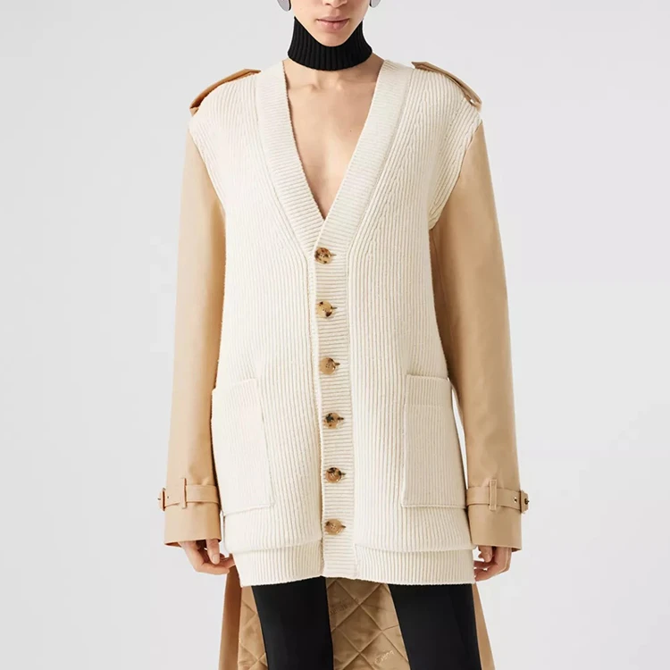 商品[国内直发] Burberry|Trench 风衣裁片罗纹针织羊毛混纺开衫羊毛衫外套 女款 柔黄褐色,价格¥5027,第3张图片详细描述