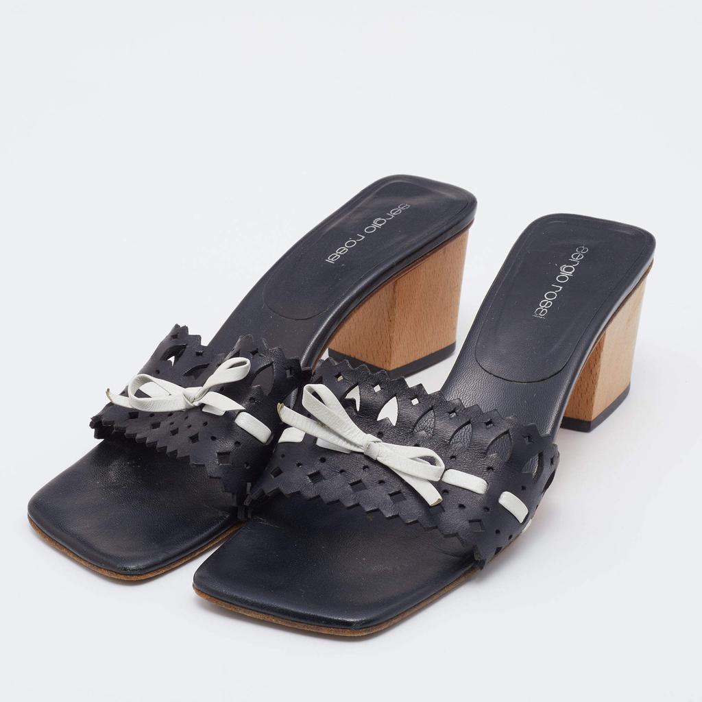 Sergio Rossi Black/White Laser Cut Leather Bow Detail Slide Sandals Size 37.5商品第2张图片规格展示