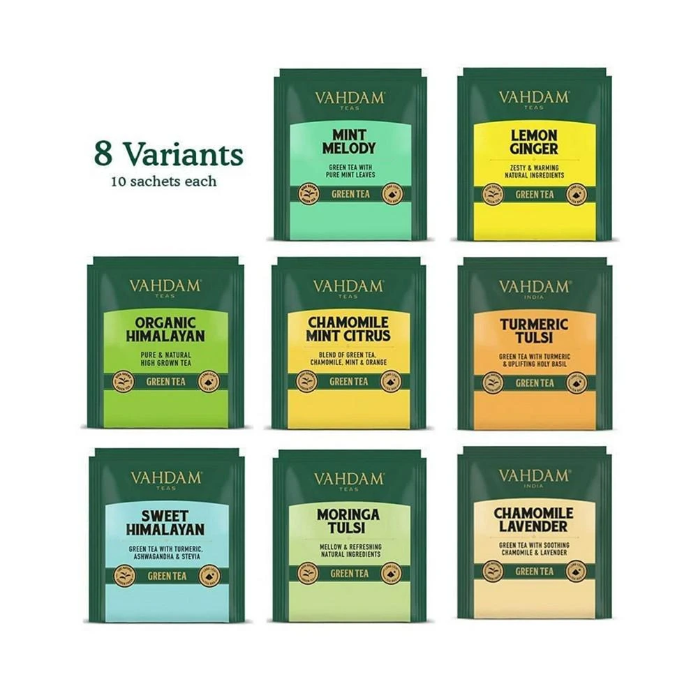 商品Vahdam Teas|Green Tea Variety Sampler Gift Set, 80 Long Leaf Pyramid Tea Bags,价格¥374,第3张图片详细描述