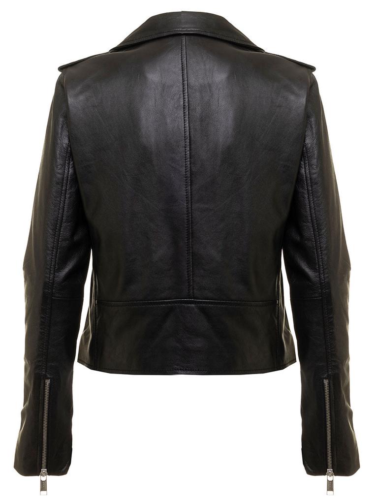 M Michael Kors Woman's Black Leather Biker Jacket商品第2张图片规格展示