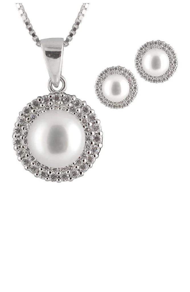 商品Splendid Pearls|8-8.5mm Grey Freshwater Pearl & CZ Double Halo Pendant Necklace & Stud Earrings Set,价格¥938,第1张图片