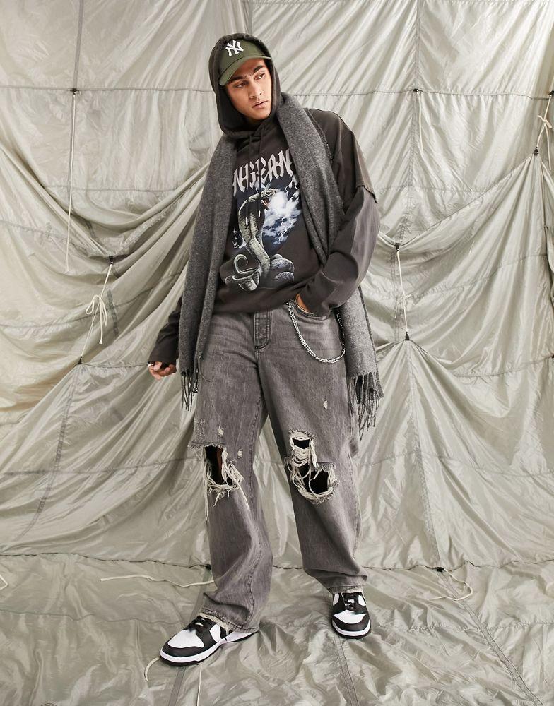 ASOS DESIGN oversized hoodie in black acid wash with gothic print and double layer sleeve商品第4张图片规格展示