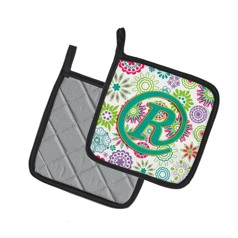 商品Caroline's Treasures|Letter R Flowers Pink Teal Green Initial Pair of Pot Holders,价格¥171,第2张图片详细描述