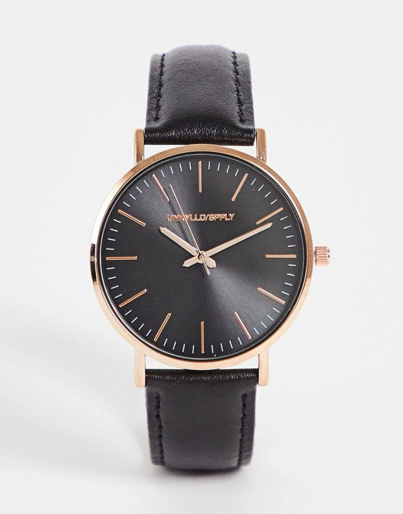 商品ASOS|ASOS DESIGN leather classic watch with rose gold details in black,价格¥159,第1张图片