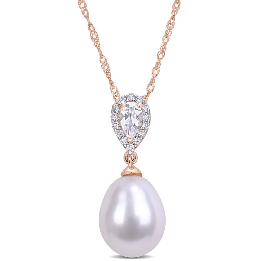 商品Amour|9-9.5 Mm Freshwater Cultured Pearl 1/4 CT TGW White Topaz and Diamond Accent Drop Pendant with Chain In 10K Rose Gold,价格¥1337,第1张图片