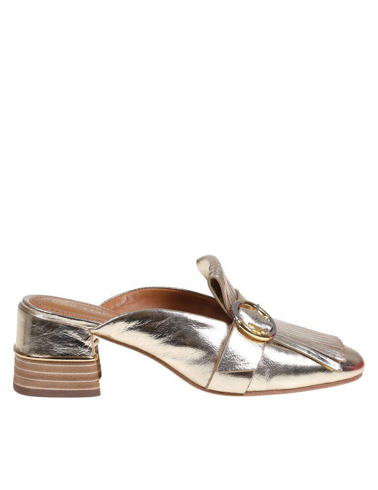 商品Tory Burch|Tory Burch Kiltie Metallic Effect Buckle Detailed Mules,价格¥1606,第1张图片