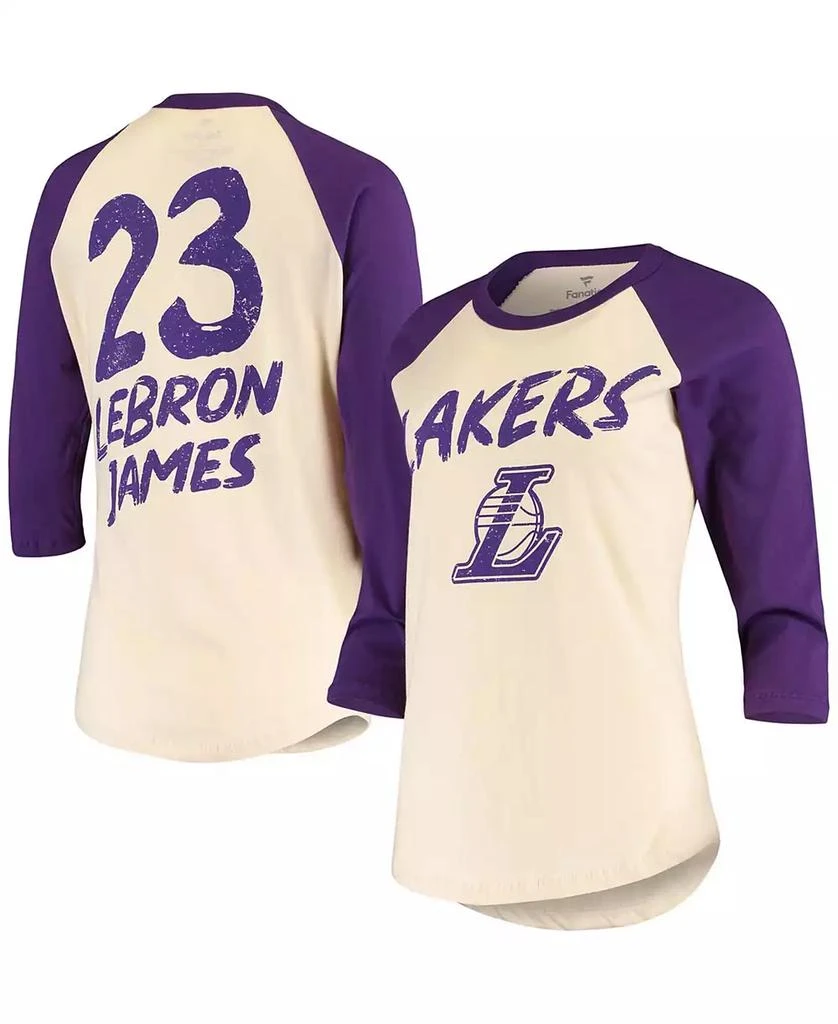 商品Fanatics|Women's LeBron James Cream Los Angeles Lakers Raglan 3/4-Sleeve T-shirt,价格¥373,第1张图片
