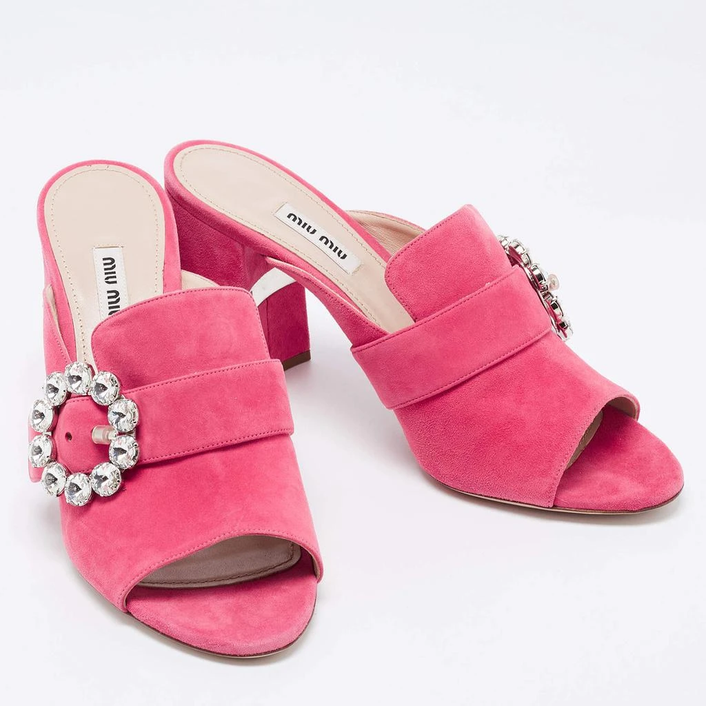 商品[二手商品] Miu Miu|Miu Miu Pink Suede Crystals Embellished Slide Sandals Size 37,价格¥1658,第4张图片详细描述