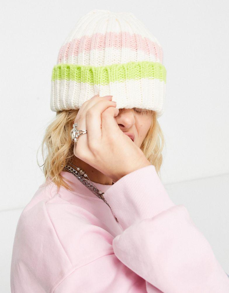 商品Topshop|Topshop stripe ribbed beanie in off white and pink,价格¥54,第5张图片详细描述