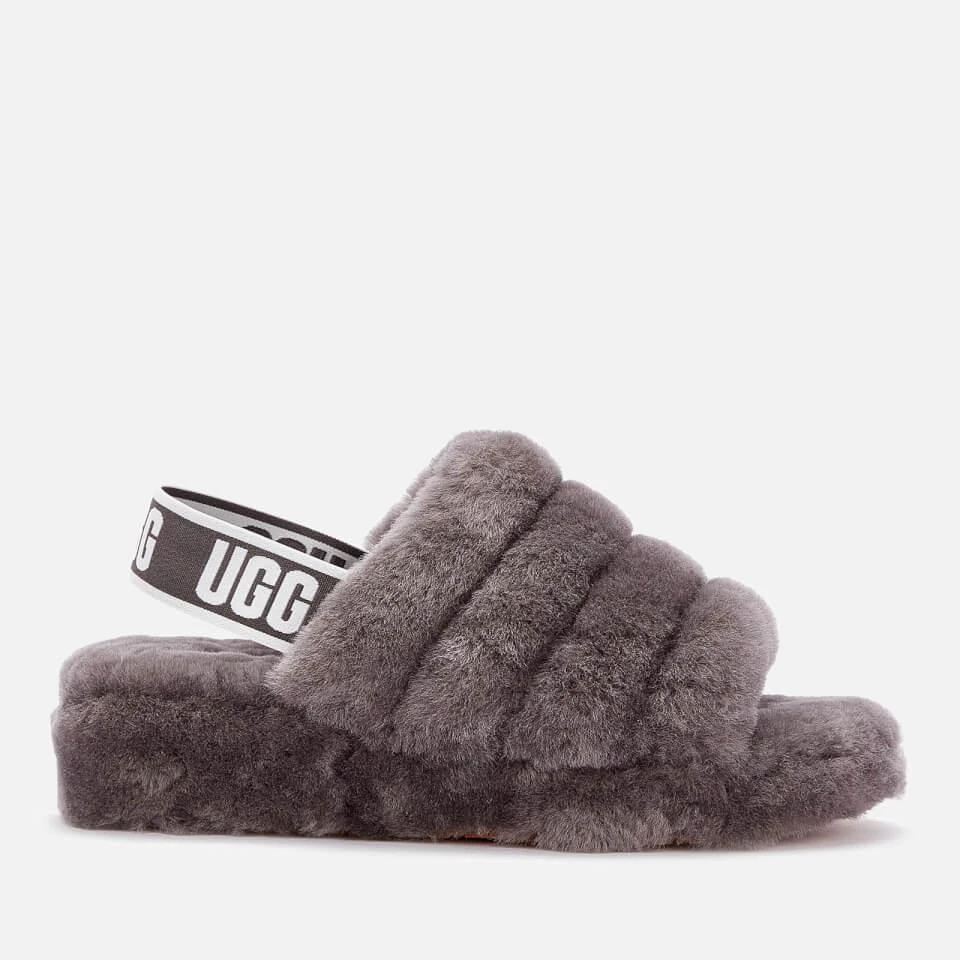 商品UGG|UGG WOMEN'S FLUFF YEAH SLIDE SHEEPSKIN SLIPPERS - CHARCOAL,价格¥571,第1张图片