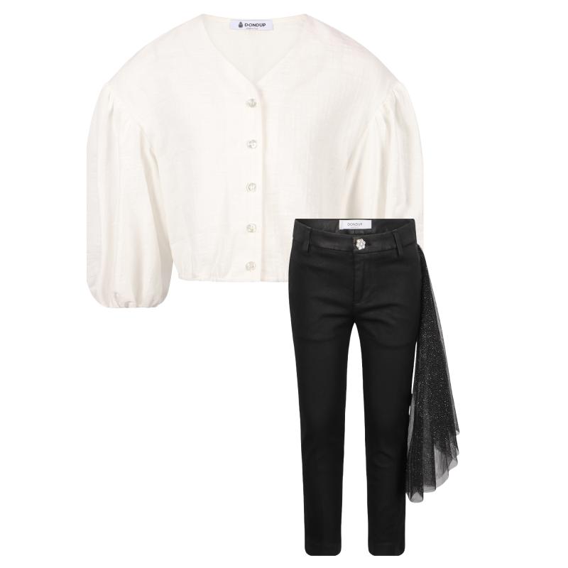 Puff sleeves blouse and jeans with hip shawl set in white and black商品第1张图片规格展示