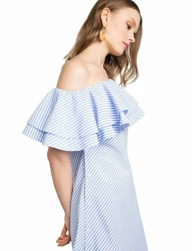 商品Pixie Market|Lola Striped Ruffle One Shoulder Dress,价格¥250,第2张图片详细描述