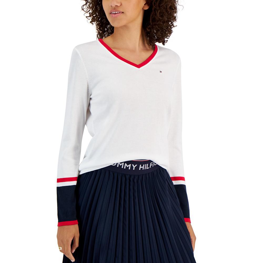 Women's Ivy Cotton V-Neck Tipped Sleeve Sweater商品第1张图片规格展示