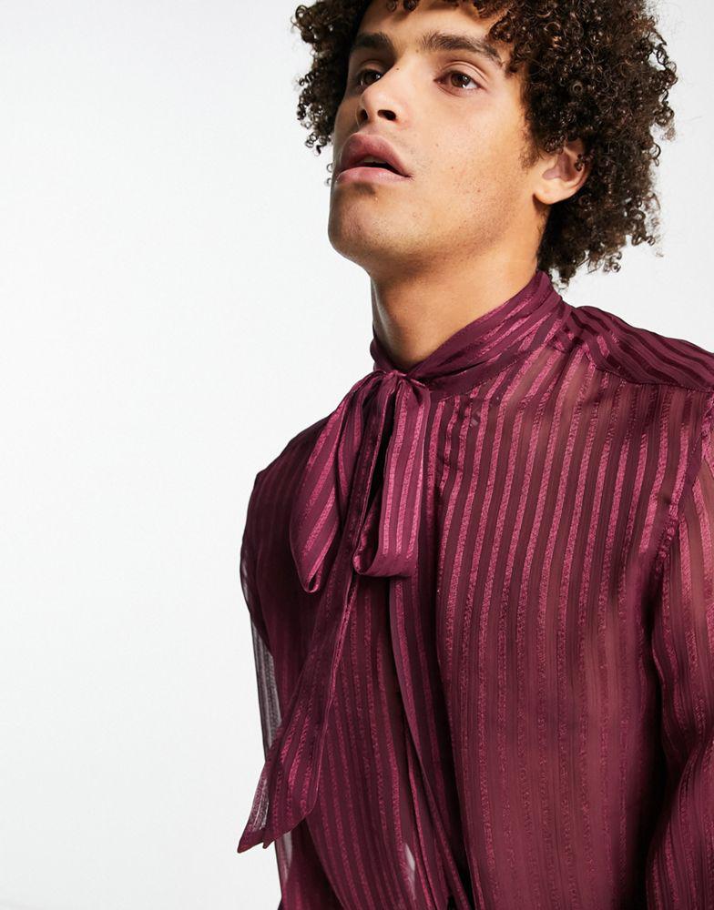 ASOS DESIGN sheer stripe shirt with tie neck and blouson sleeve in aubergine商品第4张图片规格展示