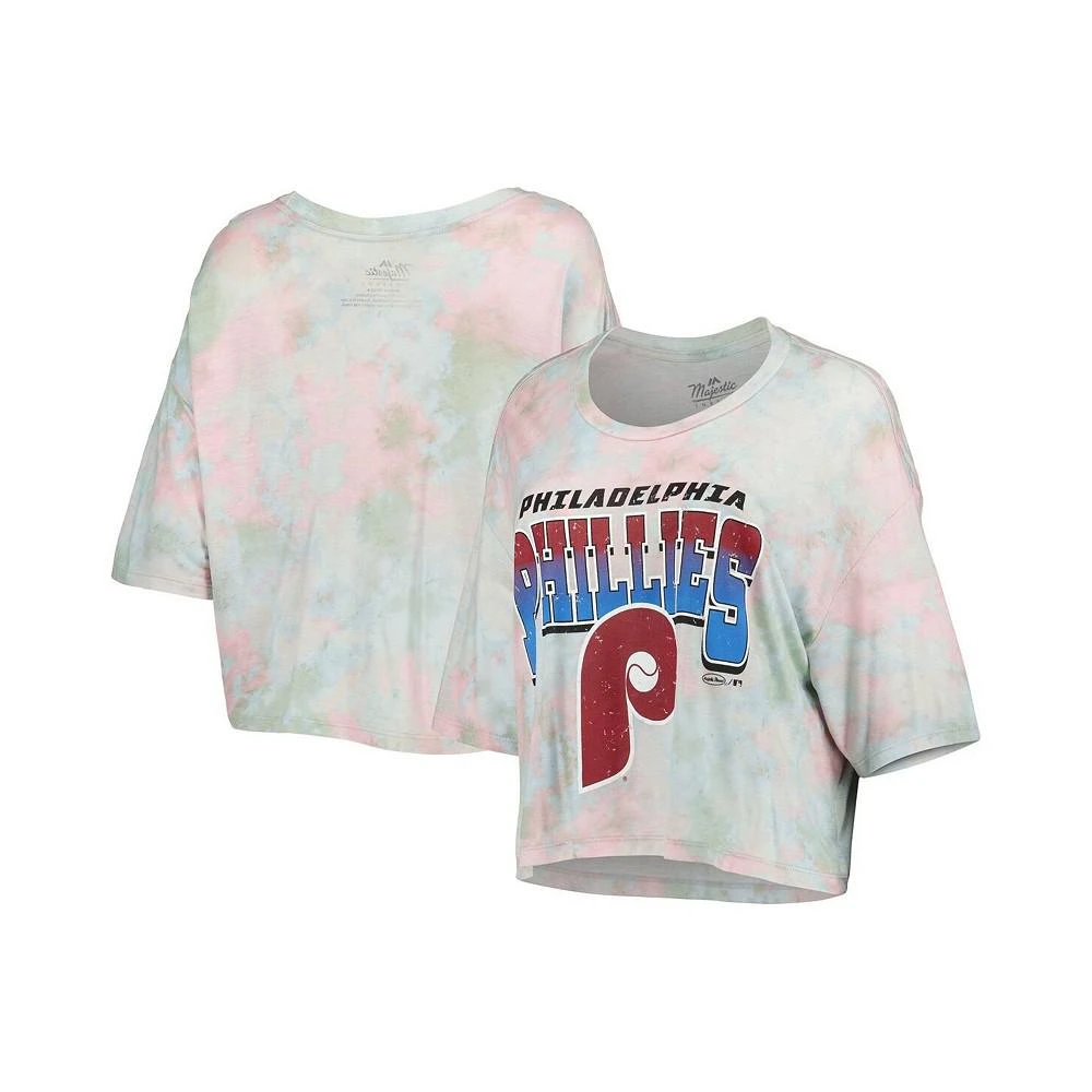 商品Majestic|Women's Threads Philadelphia Phillies Cooperstown Collection Tie-Dye Boxy Cropped Tri-Blend T-shirt,价格¥373,第1张图片