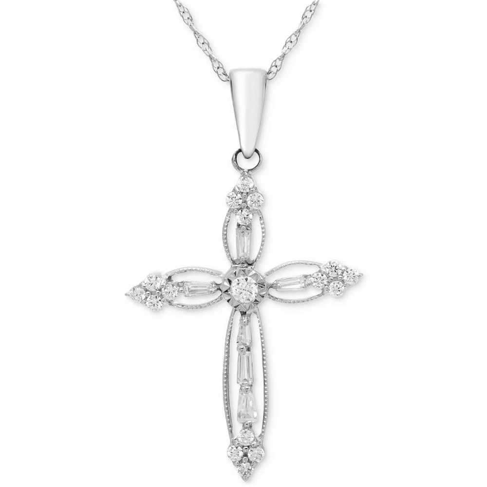 商品Macy's|Diamond Round & Baguette Openwork Cross 18" Pendant Necklace (1/4 ct. t.w.) in 14k White Gold,价格¥8284,第1张图片