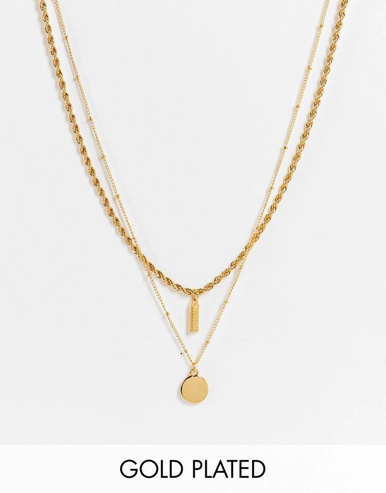 商品ASOS|ASOS DESIGN 14k gold plated pack of 2 necklaces with bar and disc pendants,价格¥152,第1张图片