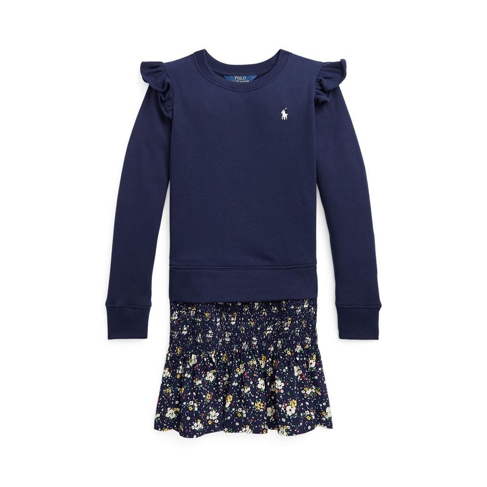 Little Girls Long Sleeves Floral Fleece Sweatshirt Dress商品第1张图片规格展示