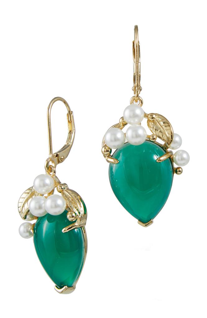 18K Gold Vermeil Green Onyx And Pearl Drop Earrings商品第1张图片规格展示