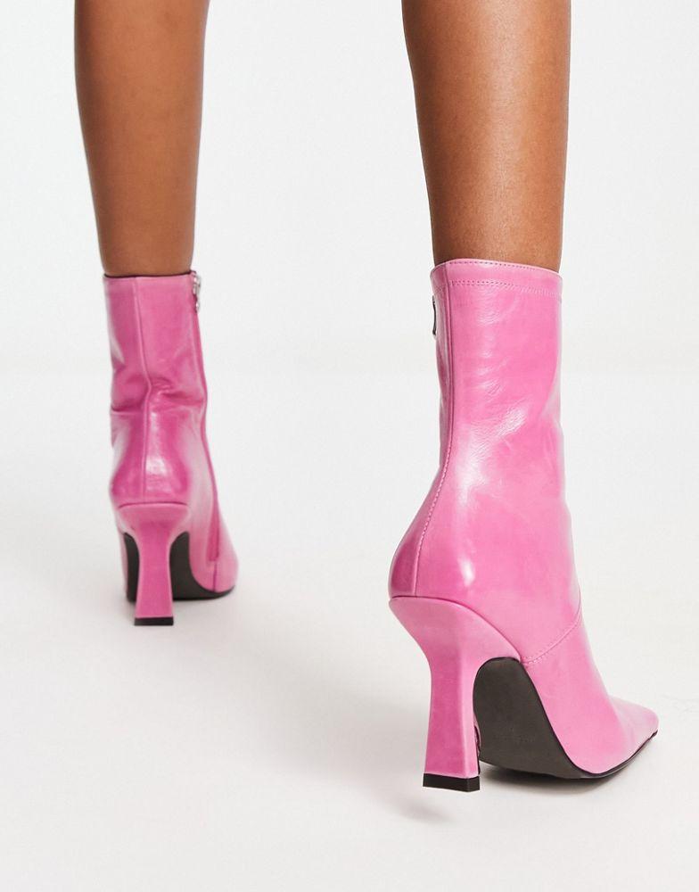 ASOS DESIGN Reign premium leather mid-heeled boots in pink商品第2张图片规格展示