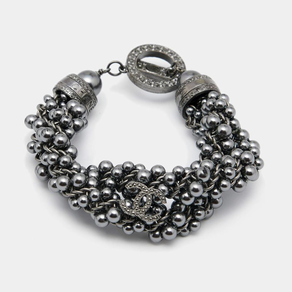 Chanel Faux Pearl & Black Beaded Bracelet with Large Gunmetal CC